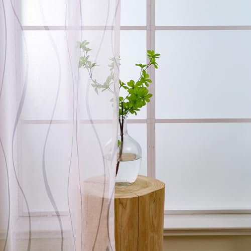 L.Z.E Vorhänge Weiß Grau für Wohnzimmer, Gardinen Weiss Hellgrau mit Ösen, Transparent Gardine Vorhang für Schlafzimmer Fenster, 2er Set Leinenoptik Schals Modern 245 cm Lang