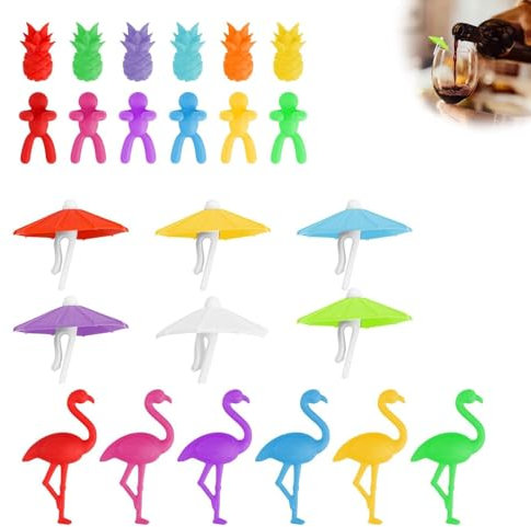 HERKINDNESS Marque Verre Silicone, 24 Pièces Couleur Marque Verre a Pied, 4 Apparences Marqueur Verre Réutilisables, pour Verre à Champagne, Verre à Cocktail, Verre à Boire