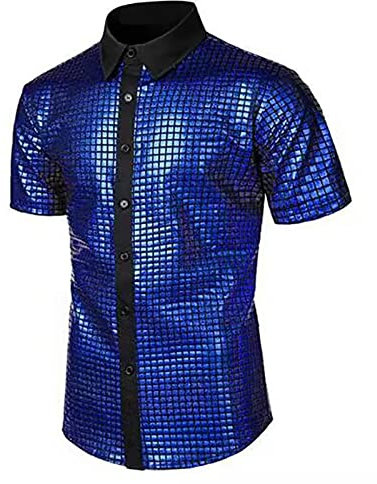 Herren Pailletten Kleid Shirt 70er Disco Party Kustüm Casual
