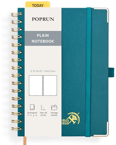 POPRUN Notizbuch A5 Blanko, Spiral-Notizbücher 120 GSM Papier, 141 nummerierte Seiten, Hardcover mit Kleberegisterkarten und 8 Abreißblättern - PG(Pazifikgrün)