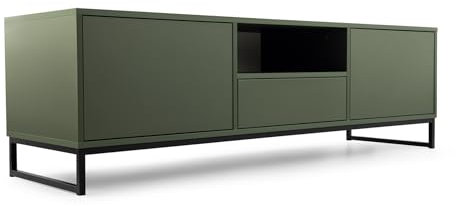 BETTSO - TV Schrank - Fernsehschrank - TV Lowboard - 160cm breit, 48cm hoch - mit 2 Türen, Einer Schublade und offenen Ablage - hohe Metallbeine, Push to Open System - Grün