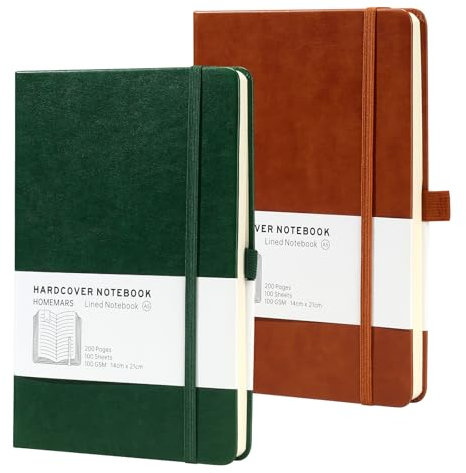 HOMEMARS Notizbuch, A5, Notebook, Hardcover Leader Bullet Dot Grid Journal,100 gsm Papier,14.5 X 21cm, Notizbuch Dotted,2 Stück, 200 Pages, mit Lesezeichen, Stiftschlaufe,Braun Grün
