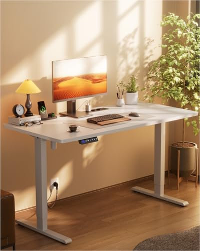 HLONONE Höhenverstellbarer Schreibtisch mit USB-Ladeanschluss und Steckdose, 140 × 60 cm Elektrischer Schreibtisch, Verstellbarer Computertisch mit 3-Funktions-Memory, Weiß