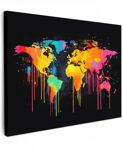 MuchoWow© Impressions sur Toile 80x60 cm Deco Tableau Murale Decoration Salon Peinture Tableaux Chambre Toiles Maison Carte du monde - Peinture - Coloré - Graffiti - Monde