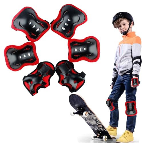 BAOSROY Protection Roller Enfant,6pcs Sport Equipement Protection Enfant,Protection pour Patins à roulettes vec Genouillères,Coudières et Protèges,Protection Patin a Roulette Velo Enfant,Noir Rouge