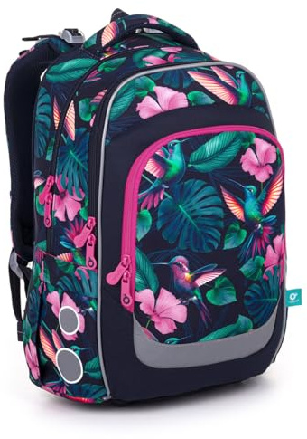 TOPGAL Schulrucksack für Mädchen ab 2. Klasse, ergonomisch mit Rückenverstärkung, wasserabweisend & leicht, mit reflektierenden Elementen, 27 L Schulranzen mit Brustgurt. (Kolibris)