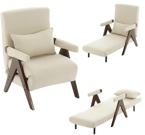 Neegaurd Polstersessel Beige, Schlafsessel 3 in 1, Retro Loungesessel Wohnzimmer mit Holzgestell, Bequemer Sessel, Schlafsofa mit Bettfunktion, Klappsessel mit Verstellbarer Rückenlehne (Walnut)