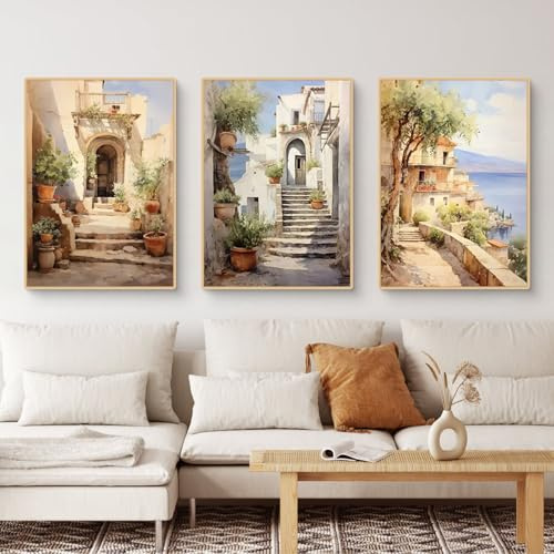 TROYSINC 3er Ästhetik Poster Set, Sommer Zitrone Olivenbaum Wandbilder Wohnzimmer, Vintage Mediterrane Landschaft Kunstdruck Leinwandbild Bilder für Schlafzimmer, Ohne Rahmen (30x40cm,C)