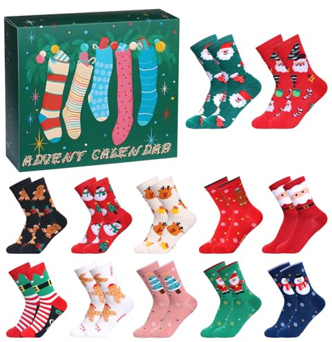 HarnyLoom Socken Adventskalender 2025 Damen Herren, 12 Paar Weihnachtssocken Warme Baumwollsocken Lustige Socken Elch Schneemann Weihnachtsbaum Weihnachten Geschenk (Grün)