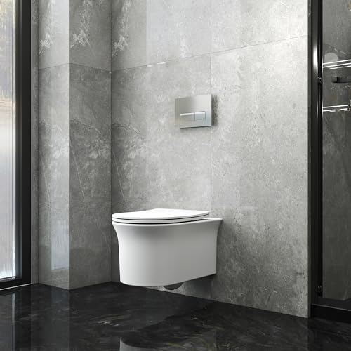 SLINE Rimless Wall Hung Toilet Round White Pan with UF Soft Close Seat | high gloss ceramic,quick release seat,compact bathroom,short projection toilet,white glossy ceramic glaze,wall mounted toilet