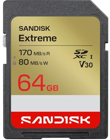 SANDISK Extreme Carte SD UHS-I 64 Go (Jusqu’à 170 Mo/s en Lecture et 80 Mo/s en écriture, vidéo 4K UHD, U3, V30) SANDISK Memory Zone App