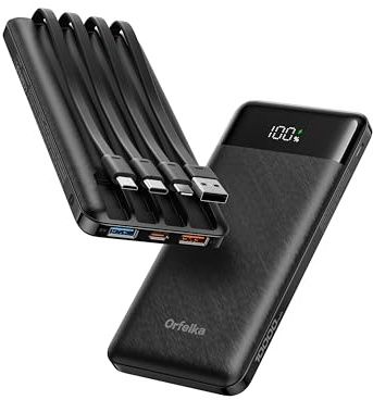 Orfeika 10000mAh Power Bank, 22,5W Powerbank Schnellladung mit 4 Integrierte Kabel (Mattschwarz)