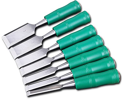 7Pcs Wood Chisel Set, Sturdy Manganese Steel Woodworking Chisel Set Tools with Ergonomic Handle Woodworking Carpenter Carving, Steel Striking Cap and Blade Guard