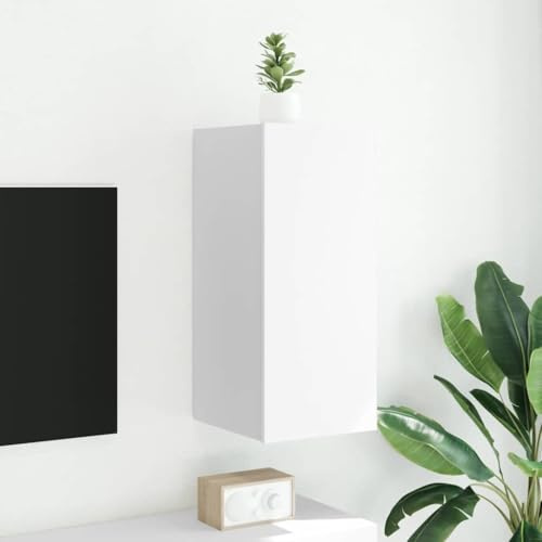 GeenYuu Meuble TV Mural Blanc en Bois d'ingénierie avec lumières LED RVB, 30,5x35x70 cm, Rangement avec Porte et Niche, Support Console pour Salon séjour multimédia Moderne