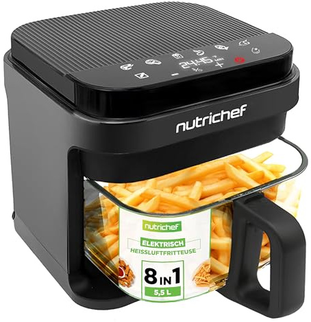 NutriChef Airfryer Glas, PFOA-/PFOS-frei, 5,5L, 8 Kochprogramme | Heißluftfritteuse mit 1200 Watt, Touchscreen und Auto-Abschaltung - mit wenig bis gar keinem Öl, Glaskorb spülmaschinenfest.