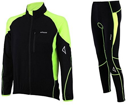 Airtracks Herren Winter Fahrradtrikot Langarm Set Pro-T - Thermo Fahrradhose Lang - Thermo Radtrikot Langarm Atmungsaktiv Reflektoren Wram Fleece -Schwarz-Neon - L