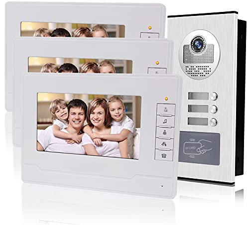 KDL Accueil Interphone Vidéo RFID de 7 Pouces Système de Porte Téléphonique 3 Moniteurs avec 1 Caméra avec Vision Nocturne Infrarouge pour multi Appartements/Bâtiment bas avec porte-clés 125KHz