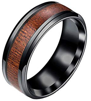 BlackAmazement 316L Edelstahl Ring Holz Maserung Inlay Größe 52-71 schwarz Silber Damen Herren (Schwarz, 71 (22.6))