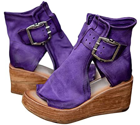 ORANDESIGNE Sandali con Fibbia a Zeppa da Donna Comodi Sandali Vintage in Pelle PU Sandali Boho Comfy Sandali con Cerniera Laterale Sandali Romani da Spiaggia A Viola 37 EU