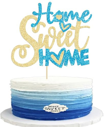 Gyufise 1Pcs Sweet Home Cake Topper Blue Glitter Key Housewarming Cake Decorations for New Home Theme Party Cake Decorations Supplies