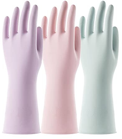 COOLJOB Gants vaisselle, Gants de ménage parfumés, Doublure floquée, Gants en caoutchouc imperméables et antidérapants pour la cuisine et la lessive, Rose, Vert et Violet (3 paires L)