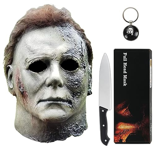 Noufun Michael Myers Mask for Adults, Original Micheal Myers Face - Halloween 1978, Full Head Mask Halloween Horror Face Headgear Latex Rubber with Hair, Includes Knife and Keychain