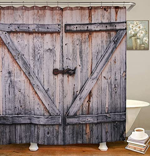 Duschvorhang 120x180 Holztür Duschrollo Wasserabweisend Anti-Schimmel mit 8 Duschvorhangringen, 3D Bedrucktshower Shower Curtains, für Duschrollo für Badewanne Dusche