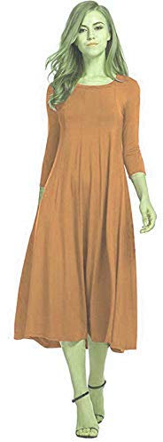 Womens Ladies Plain Jersey Swing Dress Casual Long Sleeve Midi Dress Skater UK Size (Mustard, 16-18)