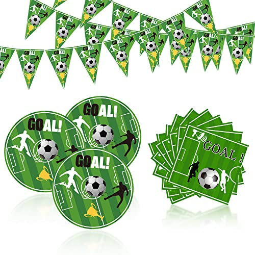 Fußball-Partyzubehör, 1 Fußballbanner, 20 Servietten, 10 Teller für WM, Sportveranstaltungen, Fußballspiele, Fußball-Mottopartys, Geburtstage, Dekorationen für Fußballpartys.