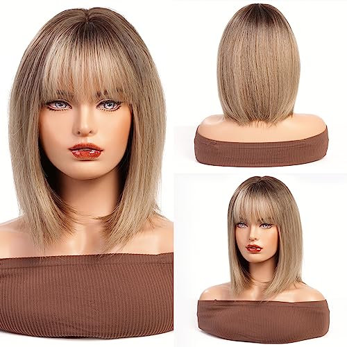 HAIRCUBE Brown Mixed Blonde Bob Perücken für Frauen Schulterlange Kunsthaarperücke mit Bangs