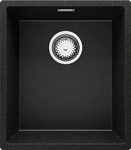 PRIMAGRAN Fregadero bajo Encimera Grafito 41x47cm, Cocina 1 Seno + Sifón, Granito al mueble 45cm - London S105