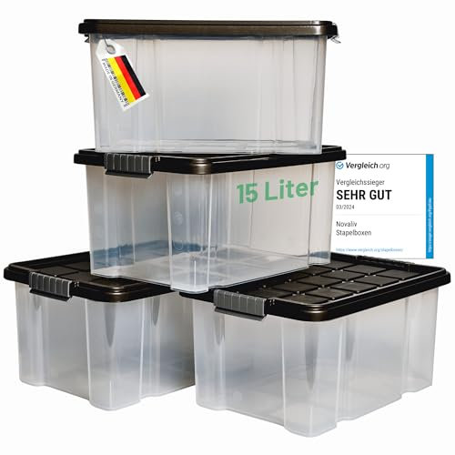 Novaliv 4x Aufbewahrungsboxen mit Deckel 15L Anthrazit Nestbar stapelbare Storage boxes mit Clipverschluss Kunststoffbox BPA-frei 41 x 29 x 20 cm