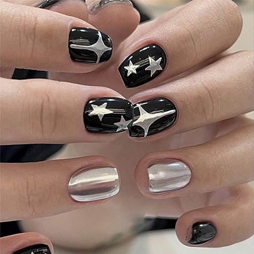 Agasar 24pcs Short Black Press-on Nails With Silver Star - Removable Glue-on Acrylic Full Cover Fake Nails for Women and Girls - Nail Art Accessories