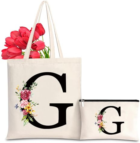 Baumwolltasche personalisiert mit Namen, Frauen Initialen Einkaufstasche Geschenk Tragetasche und Kosmetiktasche für Damen Freundin Mama Geburtstag, Hochzeit, Valentinstag, Muttertag Tasche(G)