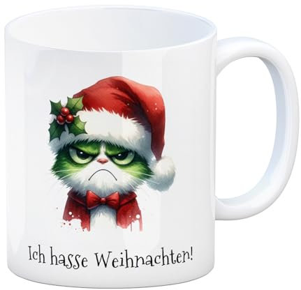 Weihnachtsmuffel-Katze Kaffeebecher und Spruch Ich hasse Weihnachten! Lustige Weihnachtstasse für Katzenfans im Grinch-Style mit Nikolausmütze, beliebtes Festmotiv in Grün und Rot