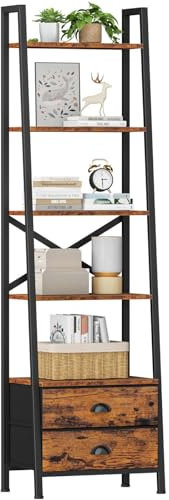 Furologee Scaffale a scala a 5 livelli con 2 cassetti, scaffali stretti per libreria, libreria industriale autoportante per camera da letto, soggiorno, bagno, casa, ufficio, balcone, legno e metallo,