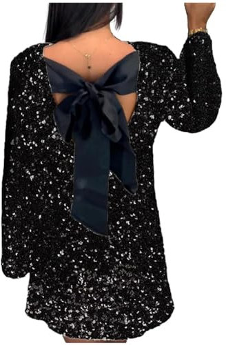 Sequined Sparkly Shining Sequin Bowknot Party Dress - Mini Loose Lightweight Evening Club Wedding Sexy Below The Knee Dress - Night Out Club Festival Rave Outfits Black