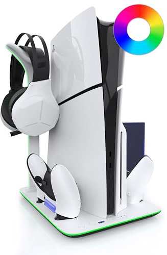Foamy Lizard PS5 Slim Vertical Stand | Cooling Station, RGB Lighting, Magnetic Fast Charging, Headphone Hook, USB Power Cable, Digital/Disc Edition Controller, Overcharge Protection for PlayStation 5