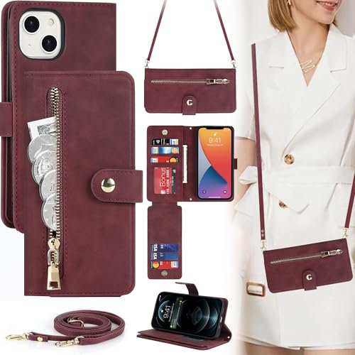 ELTEKER Handyhülle für iPhone 14 Hülle mit Band, Klapphülle mit Kartenfach Schutzhülle Handytasche Leder Hülle für iPhone 14 - weinrot