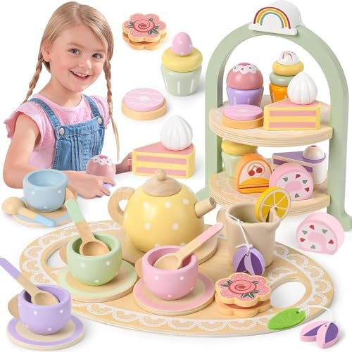 Atoylink Toddlers Tea Party Set with Wooden Play Food, Cupcake Stand, Kitchen Accessories, Role Play Toys, Educational Toys, Birthday Gifts for Kids Age 3+