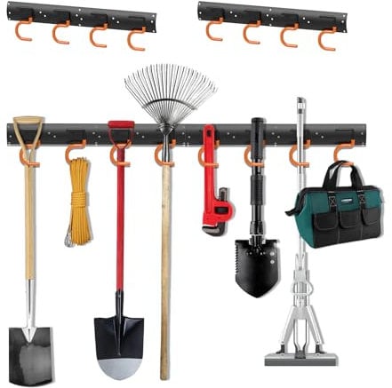 3-H Porta Attrezzi da Giardino 2x42cm, Porta Attrezzi da Parete Regolabile Acciaio Inox, Portascope Parete Impermeabile con 8 Ganci per Zappa, Rastrello, Vanga,Pala,Garage,Giardino(84cm/33.07inch)