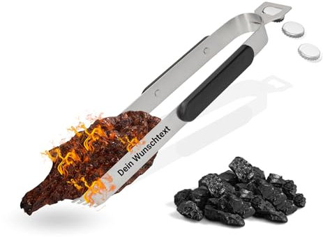 Personalisierte Grillzange 35 cm aus Edelstahl - 2in1 BBQ Zange mit Kapselheber - personalisierte Geschenkidee für Grillmeister - praktische Küchenzange mit ergonomischen Griff, Farbe:grau