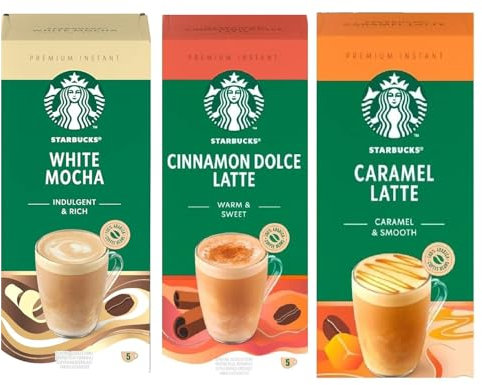 Starbucks Variety Pack Premium Instant Coffee Sachets Flavours inc. White Mocha, Caramel Latte, and Cinnamon Dolce. (Pack of 3, Each Pack 5 Sachets, Total 15 Sachets)