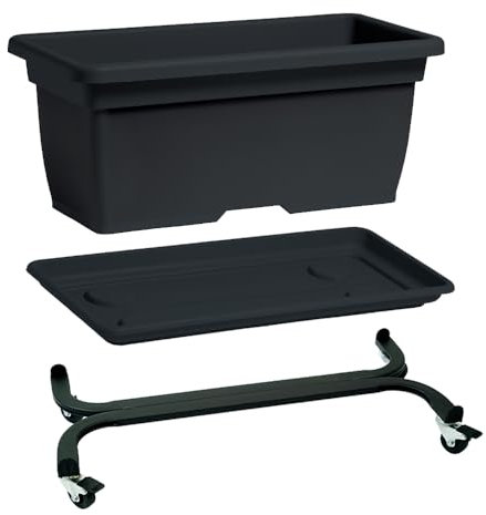 Nicoli vaso fioriera da esterno in polipropilene, con sottovaso, per piante o fiori, vaso rettangolare per balcone, giardino, terrazzo (Antracite, 80 cm con carrello)