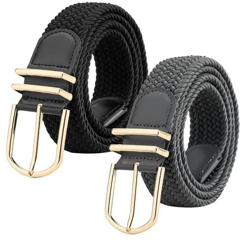 WERFORU Unisex Geflochtener Elastischer Gürtel 2 Stücke Stretch Gürtel für Männer und Frauen Verstellbarer Stoffgürtel für Jeans und Hosen Schwarz+Grau
