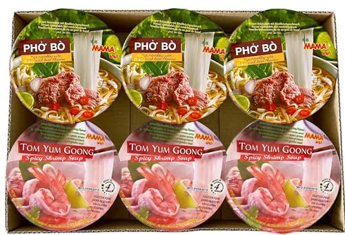 Mama Noodles Variety Pack of 6 (3 x Vietnamese Beef Pho 65g, 3 x Thai Tom Yum Shrimp 70g) - Instant Noodle Selection for Quick and Delicious Meals