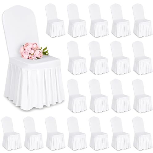Showgeous 20 Stück Stuhlhussen Weiß Polyester Spandex Lycra Stretch Stuhlhussen mit Rock,Esszimmer Hochzeit Stuhlhussen Universelle Waschbare Stuhlhussen für Hochzeitsfeier Bankett Dekoration