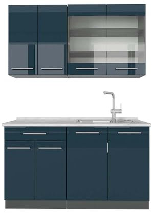 Vicco Singleküche Fame-Line, Dunkelblau Hochglanz/Anthrazit, 140 cm, AP Marmor