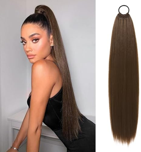 FLUFYMOOZ 28 Inch Ponytail Extension, Versatile Elastic Band Ponytail Extension for Women, Long Straight Synthetic Ponytail Daily Hair Chocolate Brown