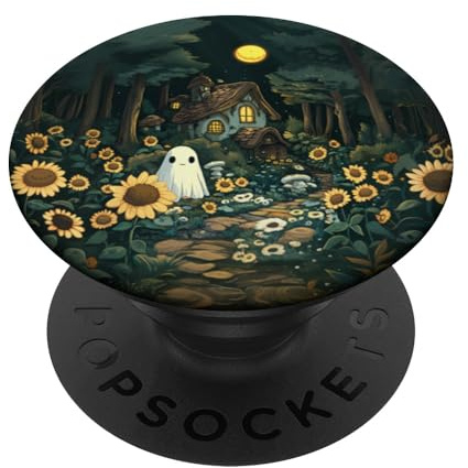 Ghost in the Enchanted Mushroom Forest PopSocket Swappable PopGrip with Expandable Stand for Most Smartphones (Black)